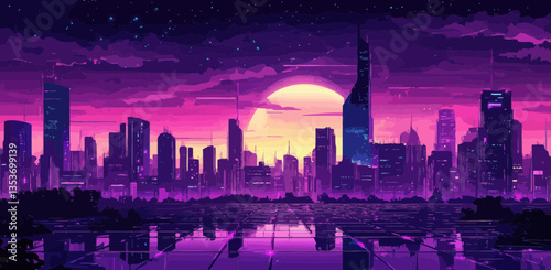 Futuristic Vaporwave Cyberpunk City Skyline Vector Art with Neon Purple Nightscape
