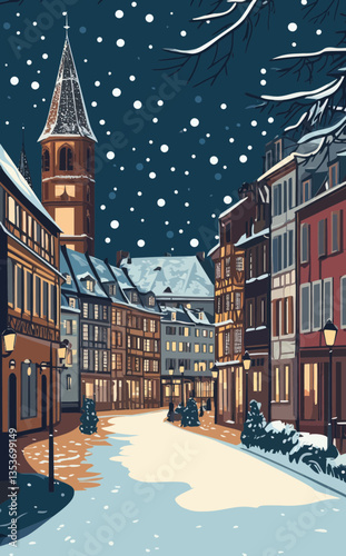 Strasbourg Winter Christmas Cityscape with Landmark Silhouettes in Minimalist Style