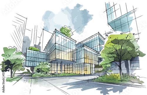  a watercolor-style architectural sketch or illustration of a modern building. 
