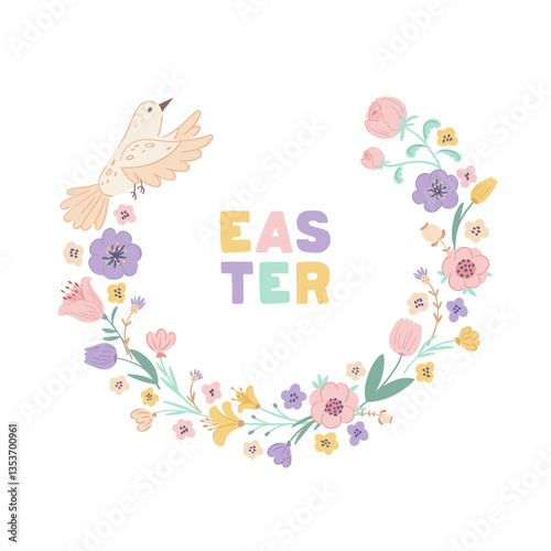 Easter wreath with cute birds, flowers, leaves and branches on white background. Decorative frame with lettering. Unique design for your greeting cards, banners, flyers. Vector illustration