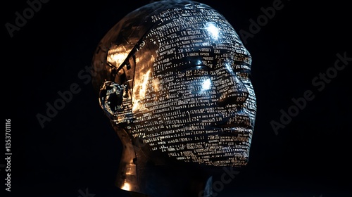 A digital head sculpture composed of text, symbolizing technology and communication.