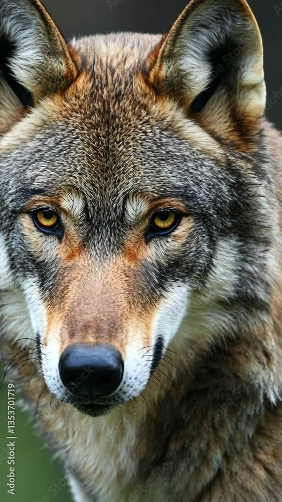 Wolf gazing intensely with striking fur patterns in a forested environment during daylight hours Wolf gazing intensely with striking fur patterns in a forested environment during daylight hours