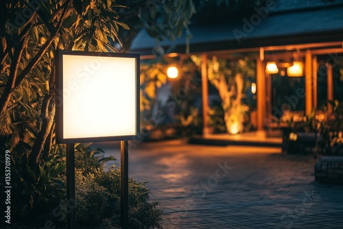 generic outdoor night shot of luxury resort or hotel like reception and fine dining restaurant with blank empty signboard mockup. Generative AI