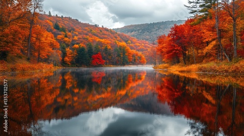 Vibrant autumn foliage reflected on the serene surface of a tranquil river