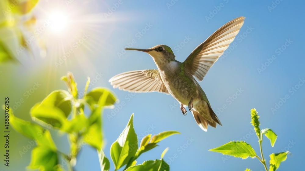 Fototapeta premium A tranquil blue sky background with a hummingbird in flight.