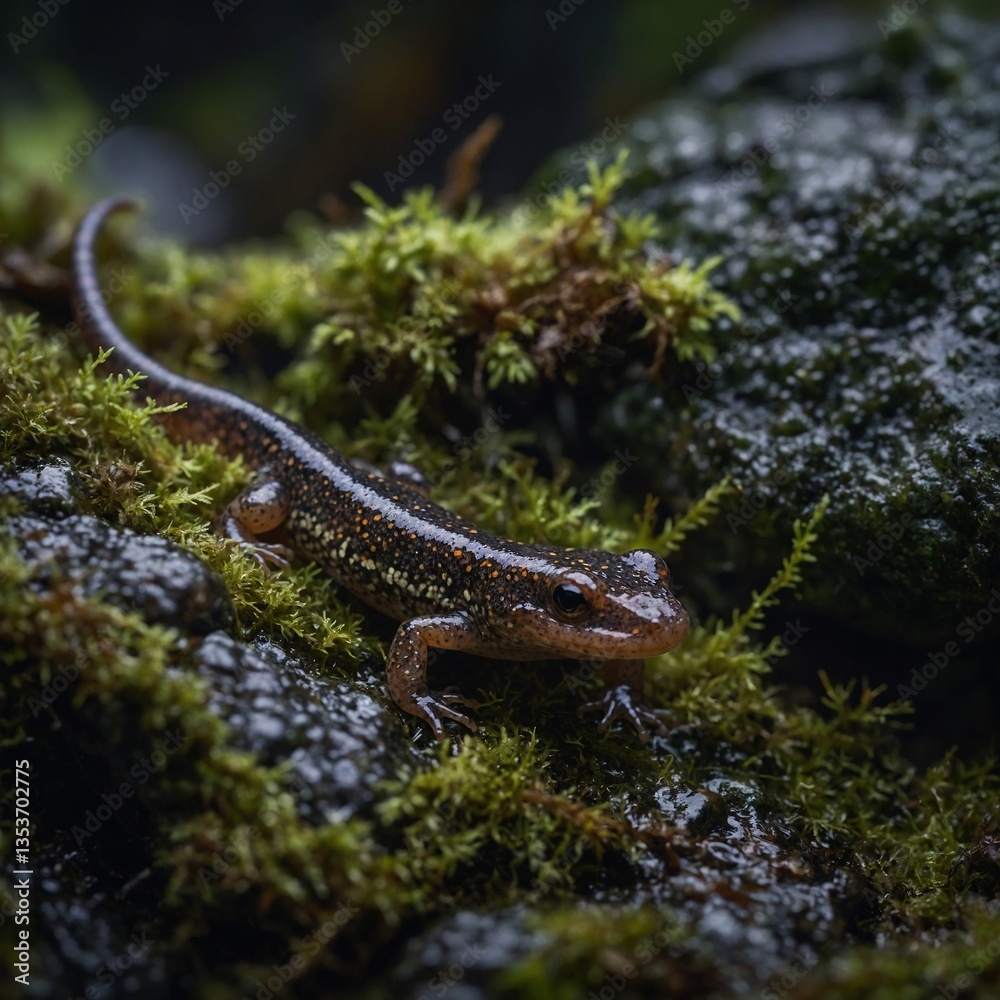 Fototapeta premium Salamander Hiding Under a Mossy Rock