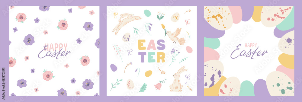 Collection Easter square posters with bunny, bird, eggs and spring flowers. Set holiday covers, posters, banners, greeting cards with lettering. Vector illustration Collection Easter square posters with bunny, bird, eggs and spring flowers. Set holiday covers, posters, banners, greeting cards with lettering. Vector illustration