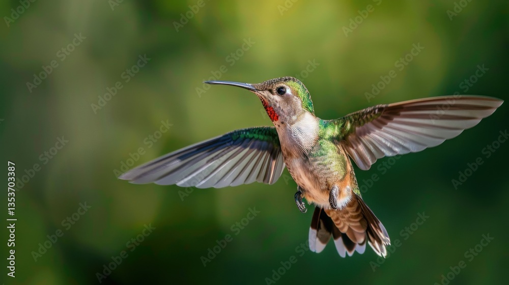 Fototapeta premium A broad-tailed hummingbird flying with its long tail trailing.