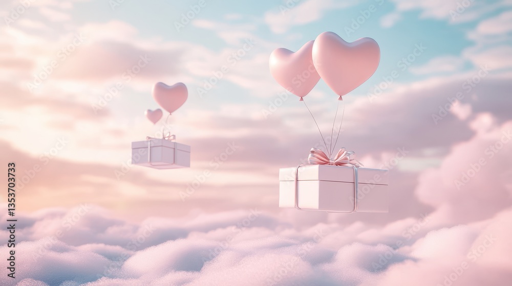 Fototapeta premium A Box flying on a parachute with pink cloud in valentine day,package flying down from sky and cloud with parachute, concept for delivery service,shopping online,air delivery service.