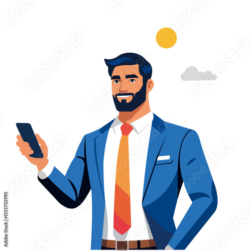 A confident businessman in a teal suit with a yellow tie holds a black briefcase while gesturing with his other hand. He has a friendly smile.