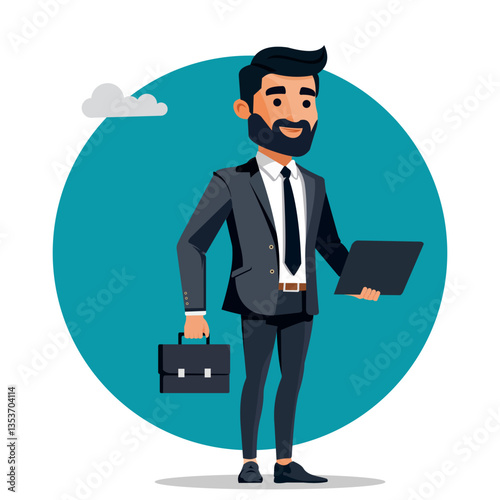 A confident businessman in a teal suit with a yellow tie holds a black briefcase while gesturing with his other hand. He has a friendly smile.