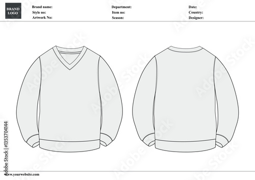 V- neck sweatshirt technical drawing fashion flat sketch vector illustration template with tech pack details