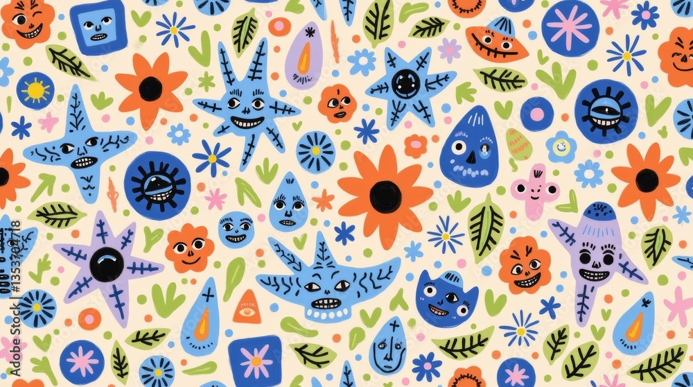 Naklejka premium Whimsical hand drawn pattern showcasing colorful flowers and friendly monster faces