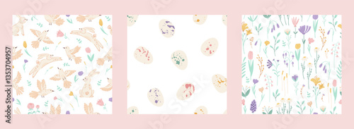 Set Easter seamless pattern with cute bunnies, birds, eggs and wildflowers on white background. Collection Spring patterns for banner, wallpaper, packaging, textiles design. Vector illustration