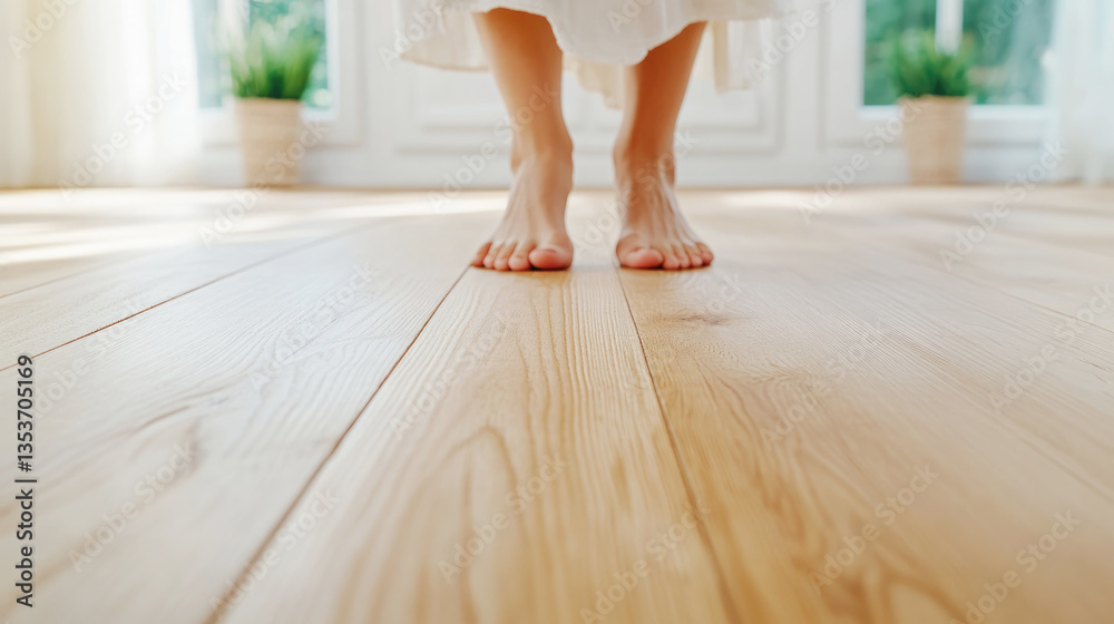 Fototapeta premium Tranquil indoor walk on sunlit wooden floor with barefoot elegance for wellness and relaxation