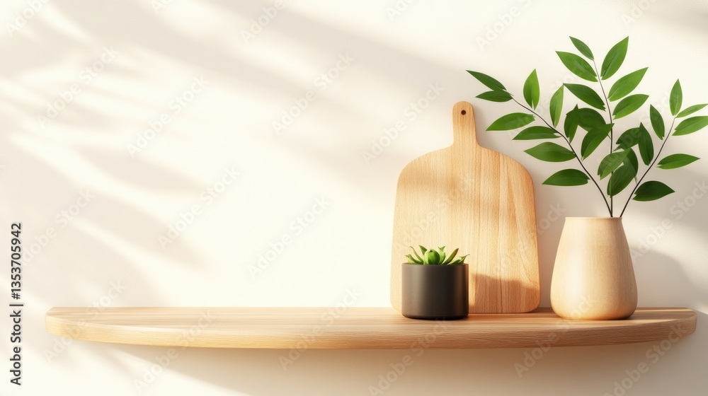 Minimalist wooden shelf with a cutting board, a potted succulent, and a vase with green leaves, illuminated by soft sunlight casting natural shadows on a neutral background.. Minimalist wooden shelf with a cutting board, a potted succulent, and a vase with green leaves, illuminated by soft sunlight casting natural shadows on a neutral background..