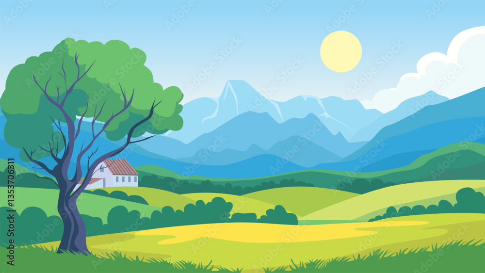 Fototapeta premium House in the mountains against the background of a beautiful natural landscape of green fields and meadows. House at the foot of high mountains. Meadows, forests and mountains, vector illustration.