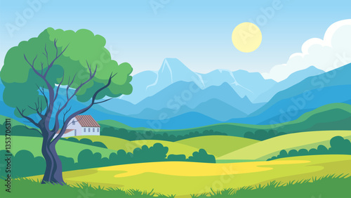 House in the mountains against the background of a beautiful natural landscape of green fields and meadows. House at the foot of high mountains. Meadows, forests and mountains, vector illustration.
