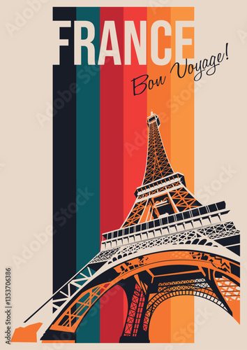 France Most Famous Attraction Retro Style Poster. Eiffel Tower Illustration, Vector Template Retro Style Greeting Card with handwriting wish