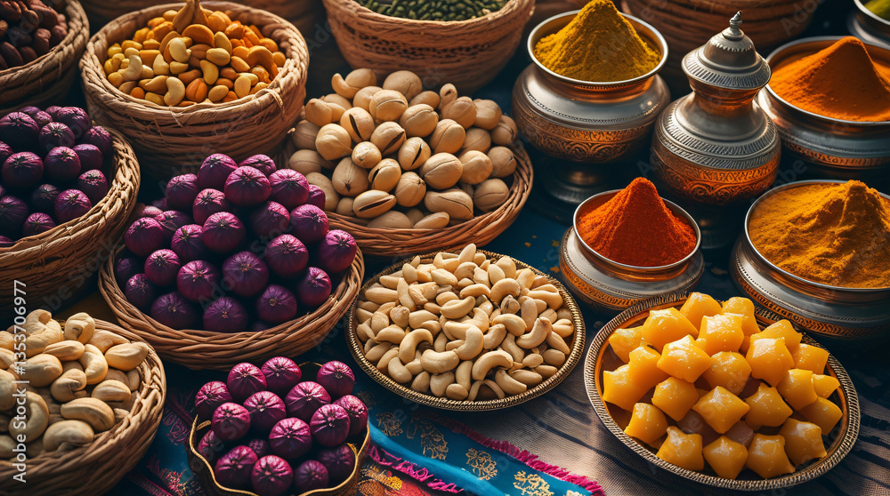 A vibrant top-down view of a traditional Indian market stall, showcasing an abundance of fresh dry fruits including ripe anjeer with deep purple skin, cashews in their shells, and chilgoza pine nuts A vibrant top-down view of a traditional Indian market stall, showcasing an abundance of fresh dry fruits including ripe anjeer with deep purple skin, cashews in their shells, and chilgoza pine nuts