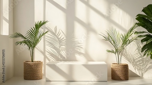 Sunlit white room with plants and pedestal.