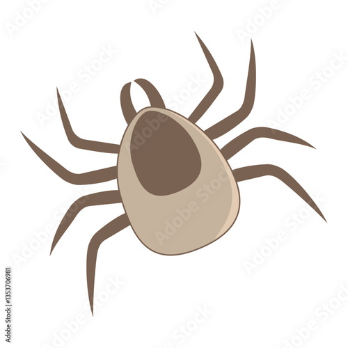 Cartoon brown tick with eight legs on white background.