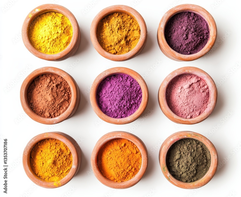 Colorful collection of nine vibrant powders in clay bowls showcasing a variety of textures and shades against a bright background Colorful collection of nine vibrant powders in clay bowls showcasing a variety of textures and shades against a bright background