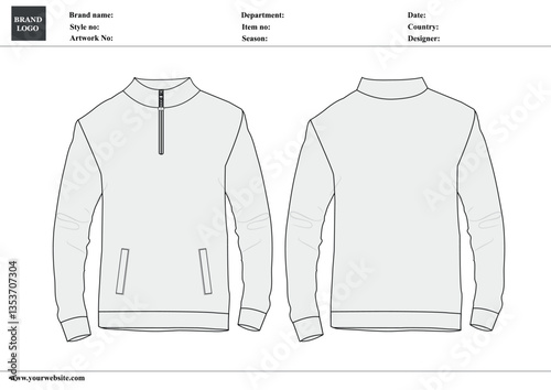 Jacket sweatshirt technical drawing fashion flat sketch vector illustration template front and back