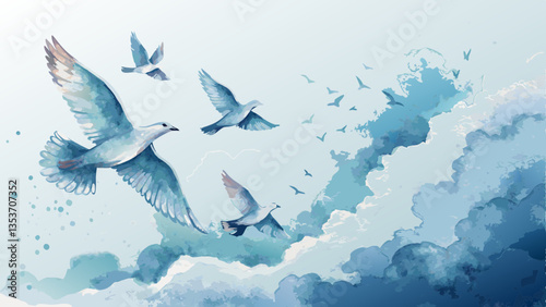 Watercolor birds in flight with gentle strokes of blue and white, capturing freedom and peace against a sky backdrop