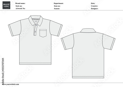 Polo shirt technical fashion Drawing Flat sketch template front and back view. apparel dress design vector illustration mock up Polo tee CAD.