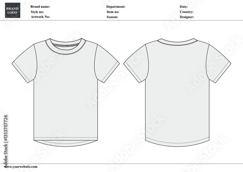 V-neck ladies t shirt technical drawing fashion flat sketch vector illustration template with tech pack details