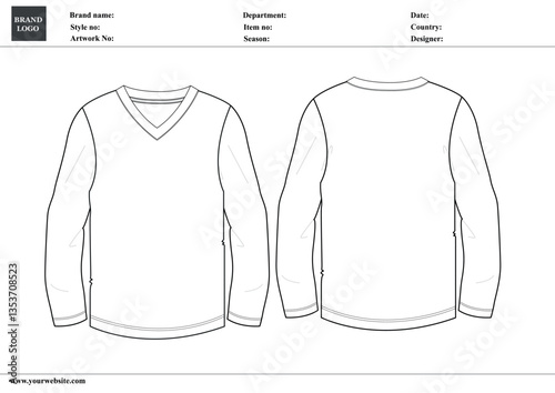 Long sleeve V- neck t shirt technical Drawing fashion flat sketch vector illustration template front and back with tech pack details