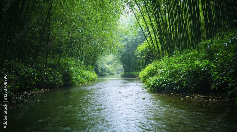 Obraz premium Serene river flowing through a vibrant bamboo forest, creating a peaceful landscape