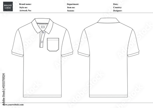 Polo shirt technical fashion Drawing Flat sketch template front and back view. apparel dress design vector illustration mock up Polo tee CAD.