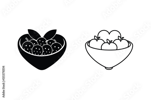 Heart shaped bowl, fruit salad, apples, healthy food, line art, graphic design, black and white, sump