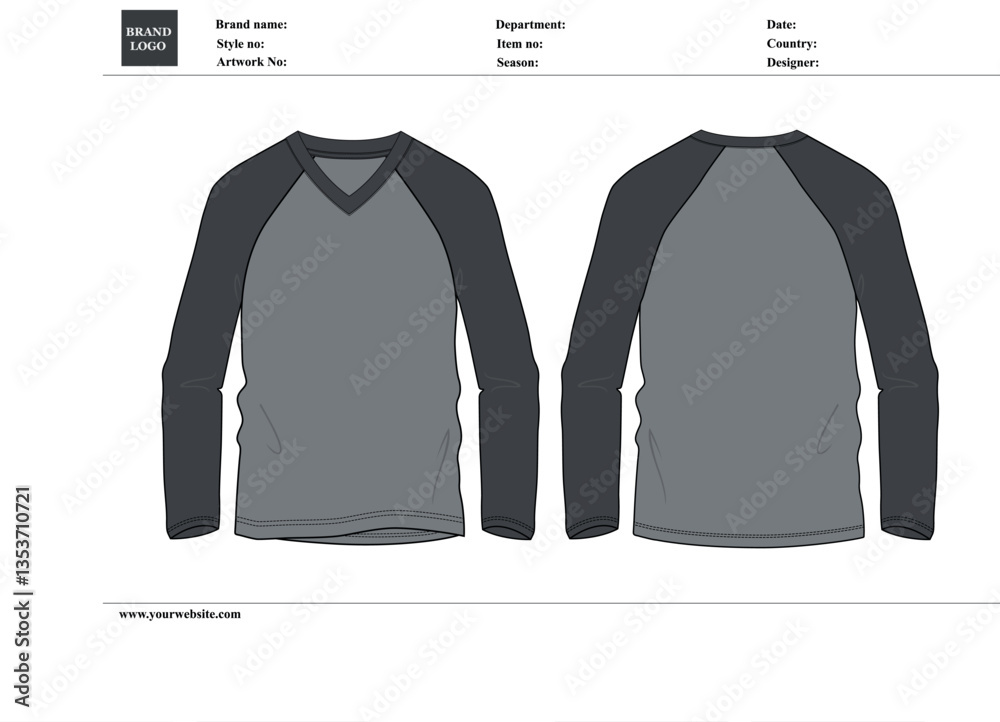 custom made wallpaper toronto digitalTwo tone color v neck raglan long sleeve T shirt vector illustration template with tech pack details
