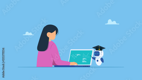 College Students learn using laptops with AI robots as their teachers. AI virtual assistant help student study, searching data, history.