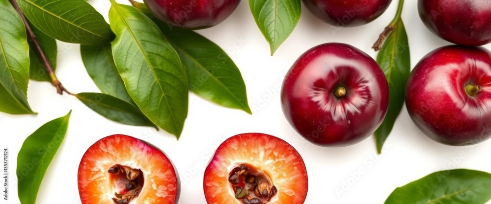Naklejka premium Fresh purple plum halves with leaves, isolated on white Top view, culinary, still life
