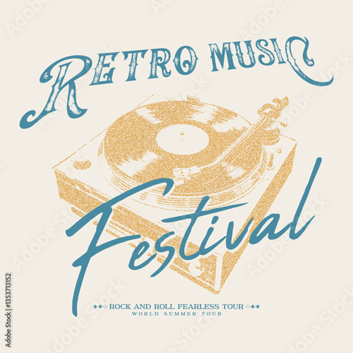 T-shirt design, retro party with vinyl record typography graphics, illustration, vintage label, poster typography design Hand drawn sketch, grunge textured retro badge, t-shirt print