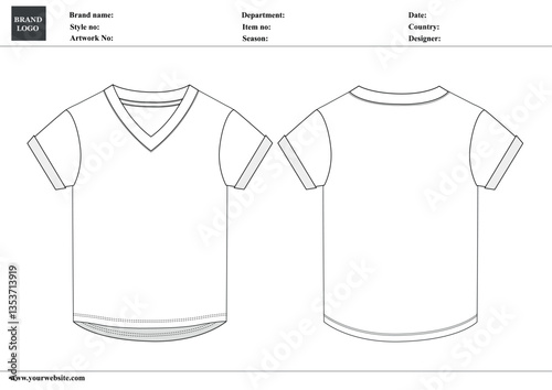 V-neck ladies t shirt technical drawing fashion flat sketch vector illustration template with tech pack details