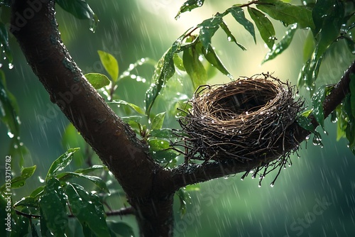 A birda??s nest tucked away in a tree, raindrops collecting on the fragile twigs while naturea??s gentle soundscape plays a soothing melody around it. photo