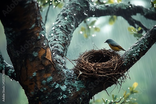 A birda??s nest tucked away in a tree, raindrops collecting on the fragile twigs while naturea??s gentle soundscape plays a soothing melody around it. photo