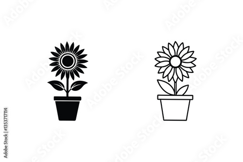 Potted Sunflower Icons Black, Outline, Flower, Plant, Design, Illustration, Botany, Nature, Gardening