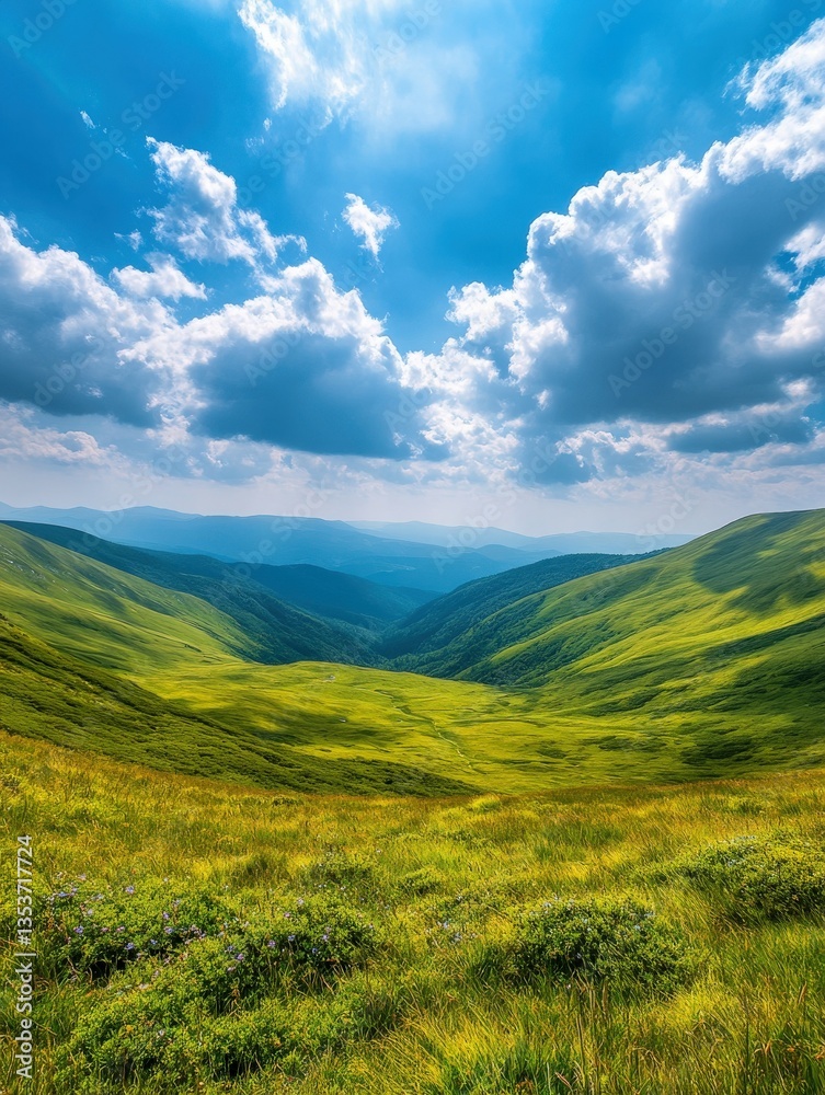 Expansive green valley under clouds Expansive green valley under clouds