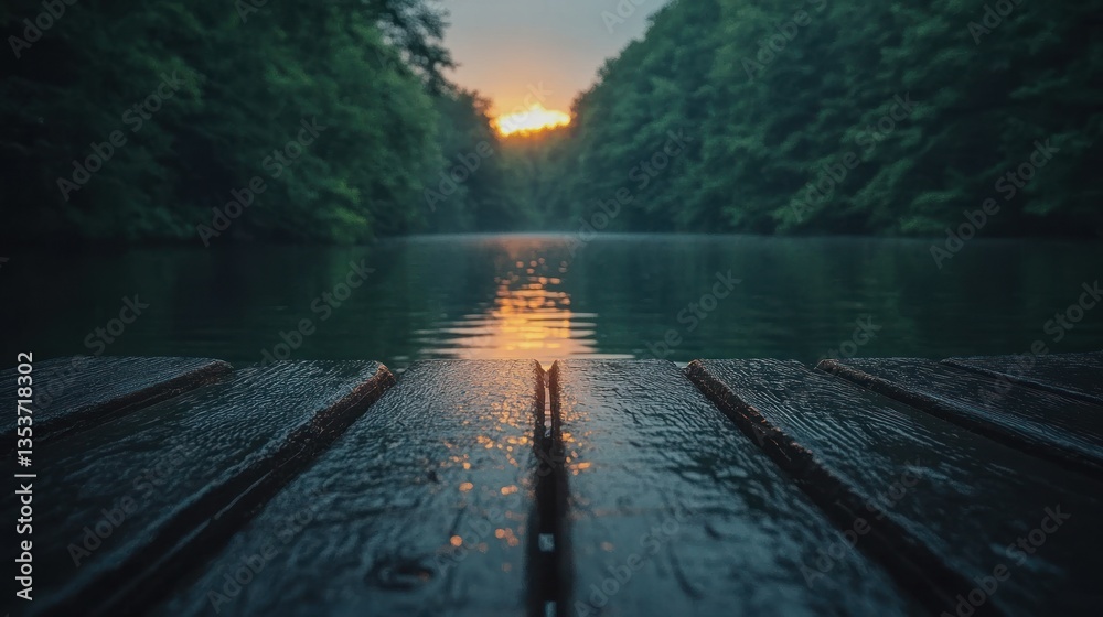 Tranquil sunset over a still lake, viewed from a wooden pier. Lush forest surrounds the water