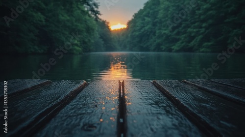 Obraz na płótnie Tranquil sunset over a still lake, viewed from a wooden pier. Lush forest surrounds the water w salonie