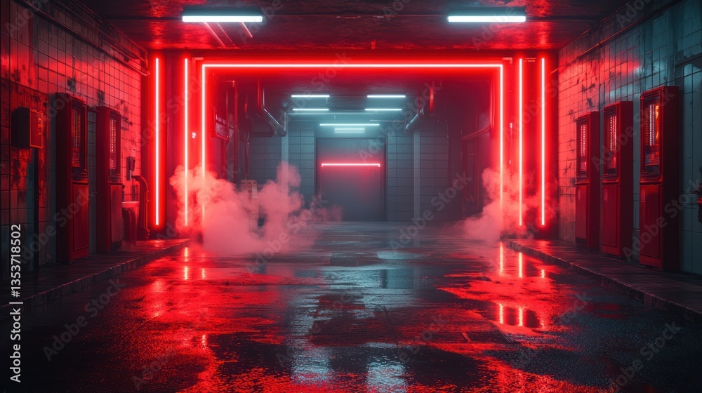 Naklejka premium Neon-lit, wet underground tunnel
