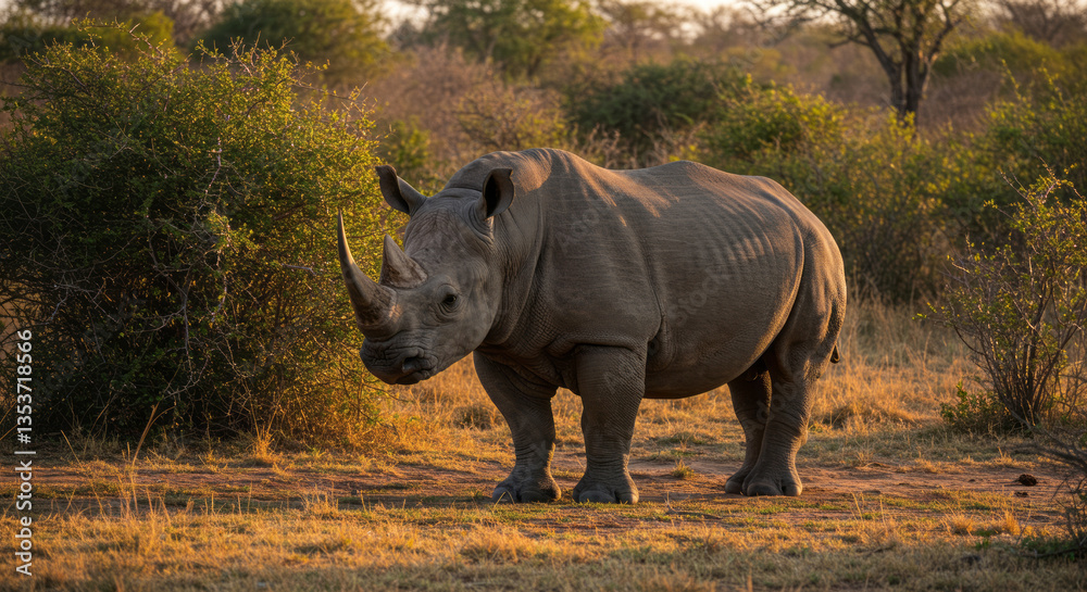Fototapeta premium Majestic Rhinoceros in Its Natural Habitat: Capturing the Grace and Strength of Wildlife at Sunset in the African Savannah