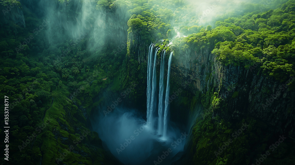 Aerial view of a majestic waterfall plunging into a deep jungle canyon Aerial view of a majestic waterfall plunging into a deep jungle canyon