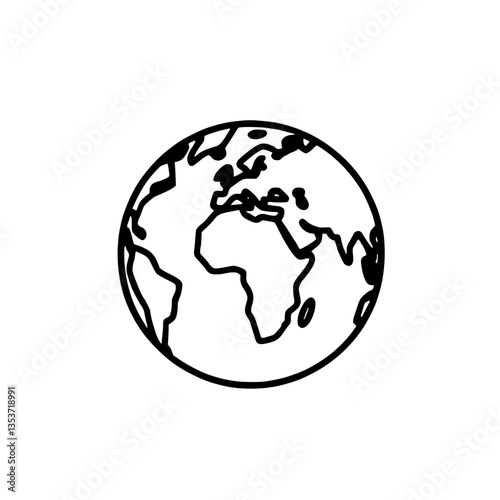 Earth illustration featuring continents Minimalist monochrome globe outlines landmasses with bold lines in a simple symbolic representation